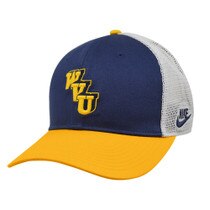 WVU trucker hat with gold bill, navy front panel, white mesh back panels, and a WVU legacy logo embroidery on front panels